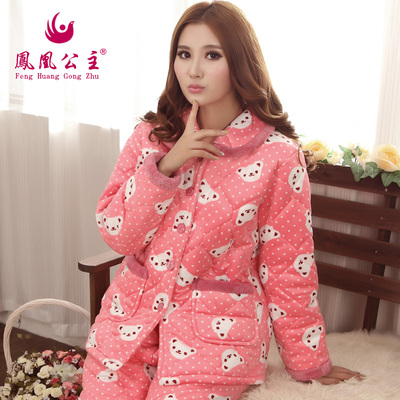 冬季三层加厚加绒夹棉睡衣冬天卡通家居服珊瑚绒棉袄女款保暖套装