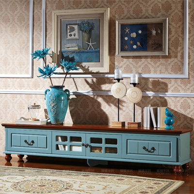 实木脚 复古天海蓝地中海电视柜 边柜酒柜 欧式美式乡村储物 包邮