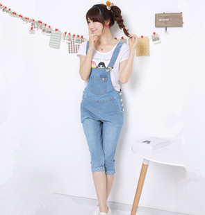 中学生七分裤13-15<em>少女</em>牛仔<em>背带裤短裤</em>14-16