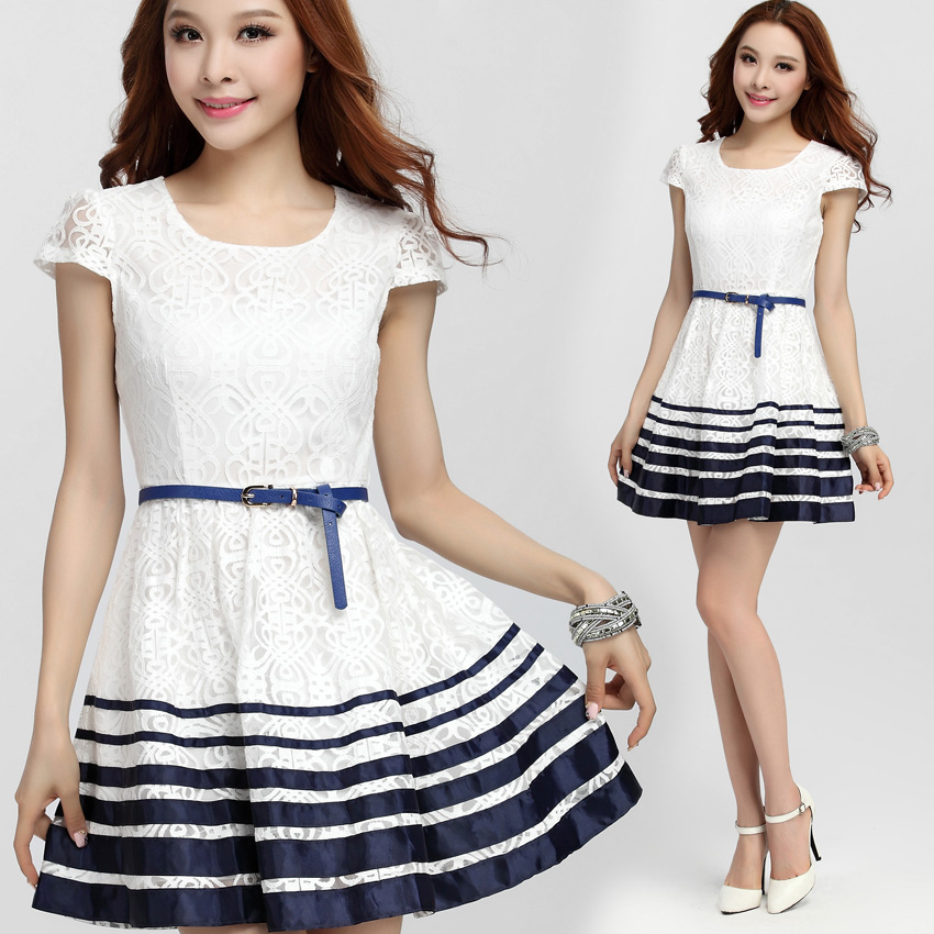 2014女装修身夏季韩版雪纺蕾丝短袖淑女式气质条纹蓬蓬裙连衣裙子