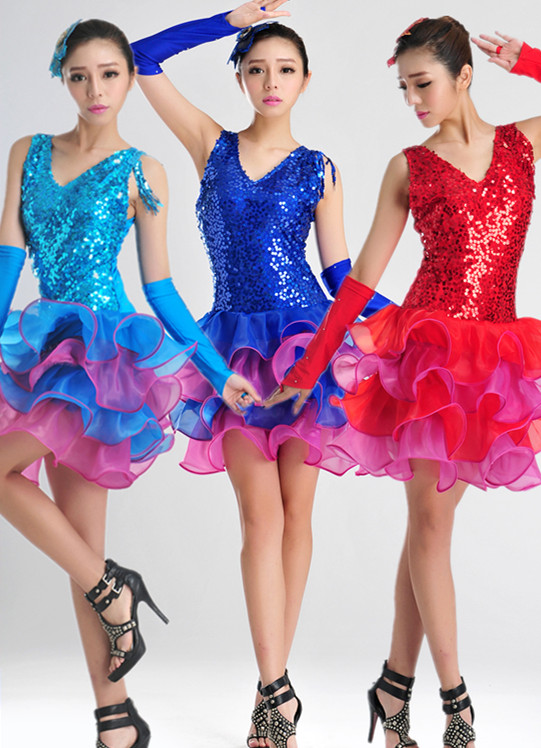 蕾兰格新款舞蹈演出服 亮片排舞比赛服装 V领绑带裙拼接色