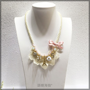 韩国装饰项链时尚，蕾丝埃菲尔铁塔蝴蝶结5号珍珠短款锁骨颈链
