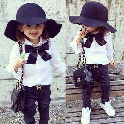 儿童2016秋冬新款女童长袖白色衬衫百搭黑色蝴蝶结宝宝百搭上衣潮