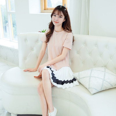 标题优化:实拍2015夏 日韩新款甜美针织圆领个性拼接棉质百褶T桖连衣裙