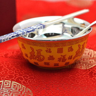 百寻银碗银筷子银勺子餐具套装99纯银烤瓷多福字银碗筷银摆件