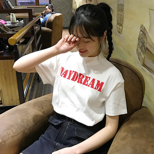 2017春夏韩版小高领宽松短袖字母印花T恤原宿学生上衣打底衫
