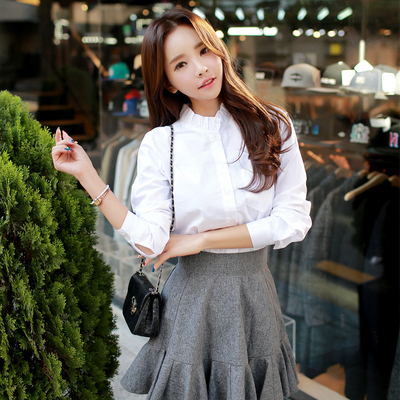 夏梵尼韩版白衬衫女款韩范学院风立领棉衬衣2