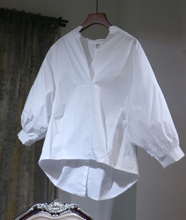 法式v领泡泡袖白衬衫慵懒风众设计感上衣灯笼，袖宽松韩范衬衣早秋