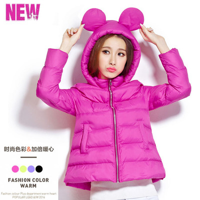 标题优化:韩国代购2014冬装新款外套 米奇米老鼠耳朵羽绒棉衣 加厚棉服女