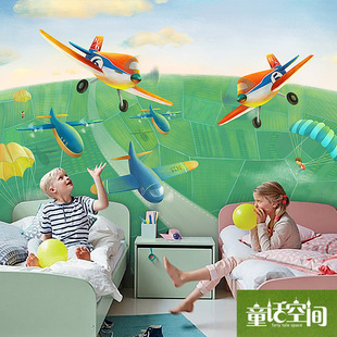 童话空间大型壁画墙纸 卡通儿童房飞机壁纸背景墙乡村蓝天飞行赛