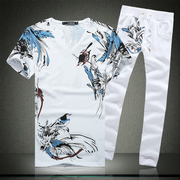 夏季套装男中国风印花短袖，t恤男式休闲裤，纯棉大码t恤长裤两件套潮