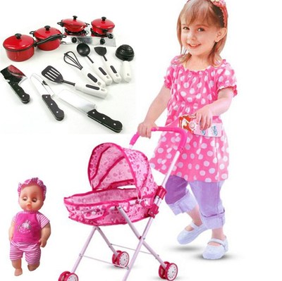 玩儿童玩具手推车带娃娃铁杆可折叠玩宝宝婴幼