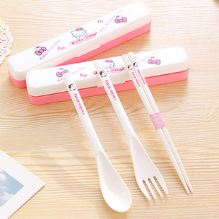 可爱卡通Hellokitty便携塑料餐具套装 韩国创意儿童叉/勺/筷子