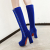 性感蓝色女靴子时尚，铆钉防水台超高跟粗跟骑士靴高筒靴大码40-43