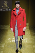 定制欧美男士中长款红色，羊绒大衣韩版加厚冬季修身时尚羊毛外套