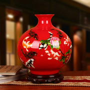 景德镇陶瓷器 金丝麦秆中国红年年有鱼花瓶 现代时尚中式家居装饰