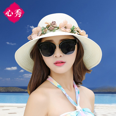 帽子女夏遮阳帽可折叠草帽女太阳帽海边度假沙滩帽大沿防晒帽