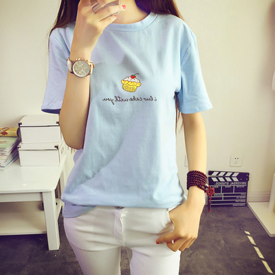 标题优化:2015夏新款学院风韩范ulzzang可爱小蛋糕圆领宽松短袖T恤