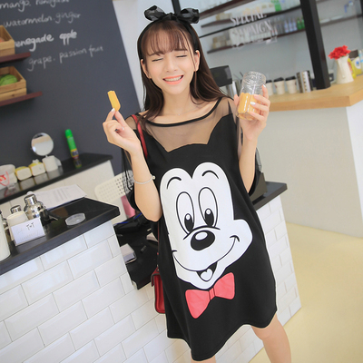 mimius独家定制2014新款女装米老鼠透视拼接短袖直筒连衣裙