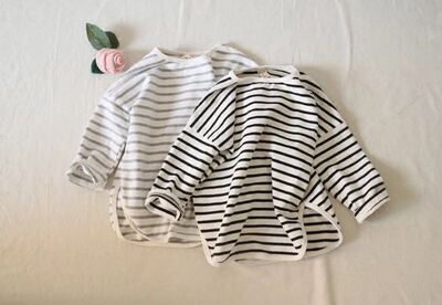 2019春秋装 定制儿童宝宝条纹全棉长袖T恤 中长开叉毛圈卫衣打底