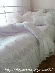 韩国进口淡粉紫色精致蕾丝，刺绣梦幻荷叶纱公主婚庆四件套床品