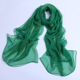 真丝丝巾薄款翠绿色长款桑，蚕丝围巾夏季纯色纱巾超长两用披肩