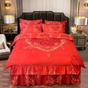 四件套全棉结婚大红色纯棉床裙款新婚礼喜庆床罩式4件套床上用品