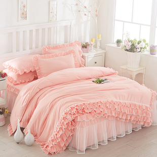 韩版公主蕾丝床裙式床罩式4四件套纯色花边被套床套1.5/1.8多件套