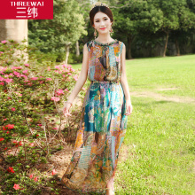 三纬2018夏新款欧美风气质真丝连衣裙女圆领印花修身显瘦长裙子图片
