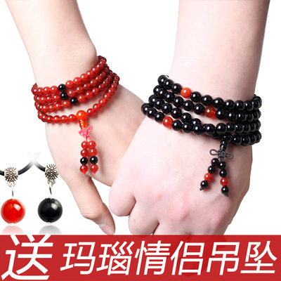 标题优化:天然水晶黑红玛瑙手链情侣一对本命年108颗佛珠男女韩版多层手串