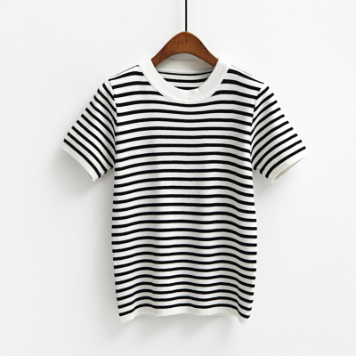 2016夏季新款韩版圆领条纹短袖针织t恤衫女宽