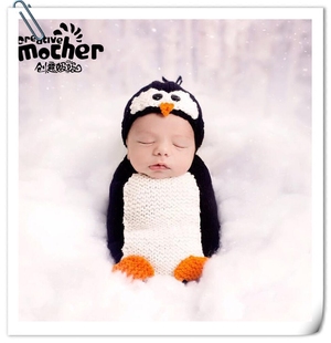 新生儿摄影服装婴儿拍摄道具，企鹅帽子睡袋，可爱月子照影楼宝宝照相