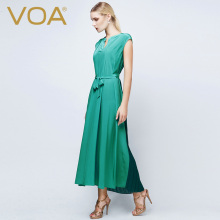 VOA 翠绿真丝双绉和蚕丝乔其撞料无袖腰带后背褶皱长连衣裙A5067图片