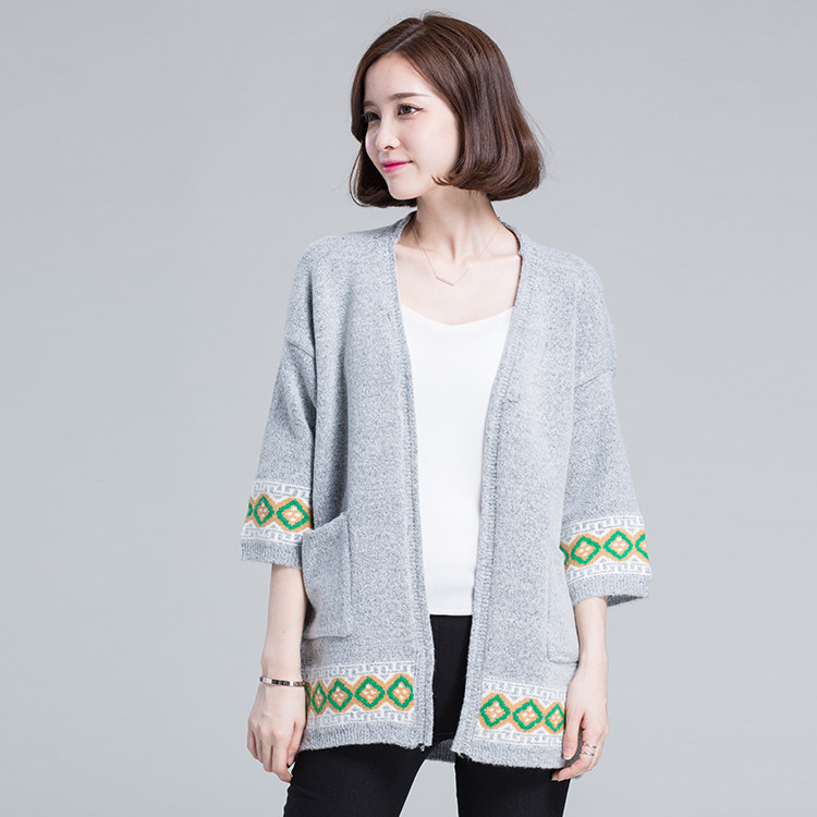 秋冬新品最炫民族风复古图案七分袖针织开衫毛衣七分袖外套女