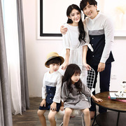 亲子装韩版春秋礼服拍照条纹一家三口母女母子洋气连衣裙长袖衬衫