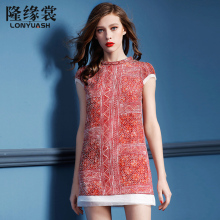 隆缘裳2015夏装新品 短袖拼接直筒复古桑蚕丝真丝印花连衣裙3130图片