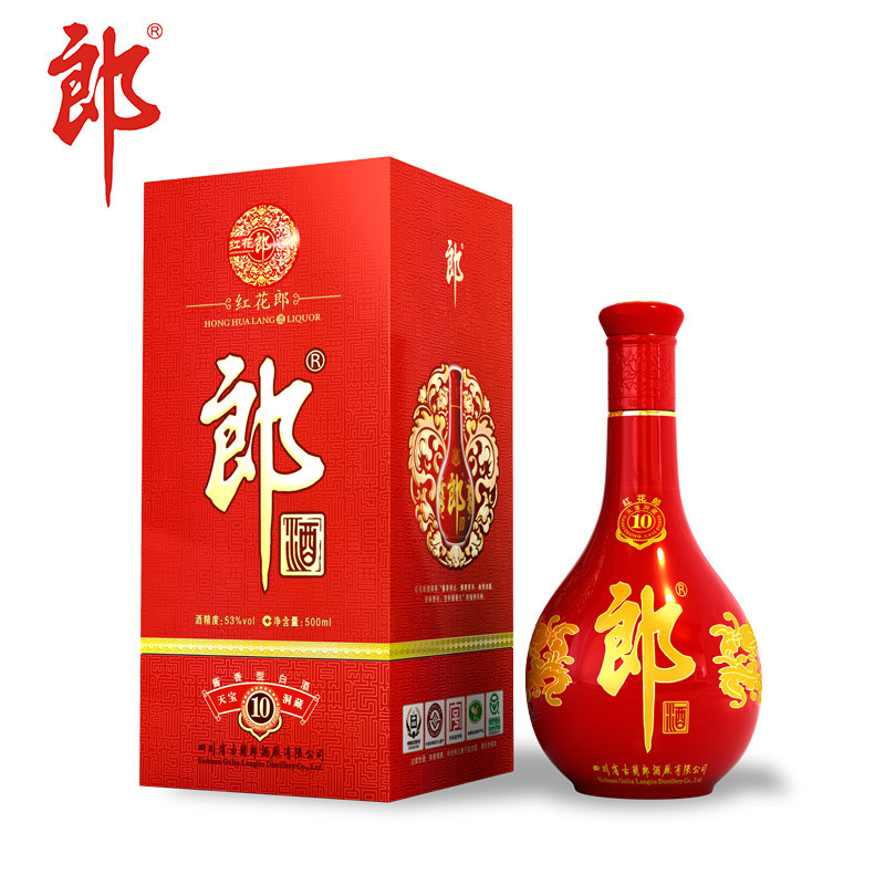郎酒 红花郎10 53度500ml 酱香酒(买1瓶赠1瓶新郎酒12小酒)