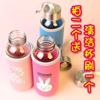 随手杯便携玻璃杯布套防摔水杯卡通杯套防烫杯子带盖运动男女茶杯