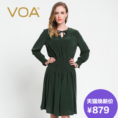 VOA深军绿V领系带肩褶长袖宽松松紧腰袖真丝碎褶连衣裙SilkDress商品大图