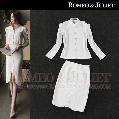 【欧洲站】2014秋装女装新款 立领肩章长袖白衬衫+半身裙气质套装
