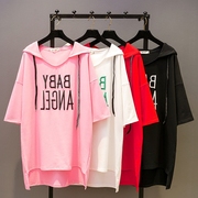 夏季韩版宽松大码字母，刺绣t恤女短袖，蝙蝠衫中长款连帽体恤裙