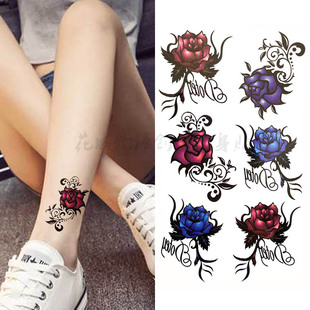 韩国性感唯美红蓝玫瑰花朵 防水持久逼真纹身贴脚踝手臂贴