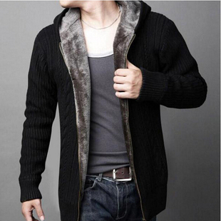 冬季男士拉链开衫毛衣，连帽青年加绒外套，针织羊毛衫粗毛线大衣