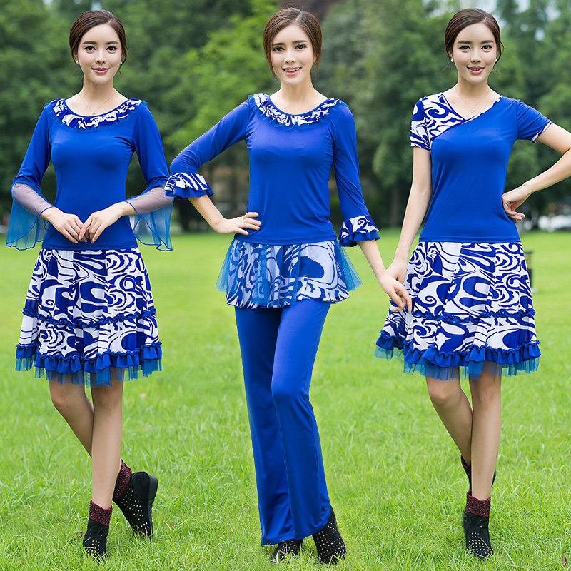 苏尼达 广场舞服装新款套装 云裳拉丁舞服装青花瓷中短袖裙子女夏