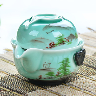 手绘青瓷快客杯 特色茶具 一壶一杯旅行便携陶瓷盖碗功夫茶具套装