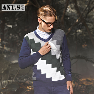 蟻格秋季男裝新款套頭V領毛衣 男士針織衫英倫格子純棉男版毛衫潮