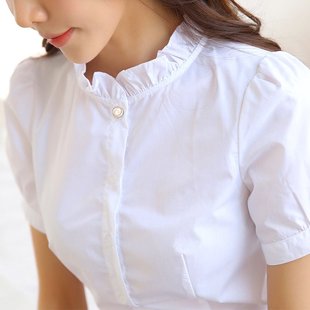 小立领衬衫女短袖白色修身2023夏季夏天半袖薄款职业白衬衣寸