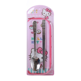 韩国进口 Hello Kitty 凯蒂猫 卡通不锈钢筷子勺餐具袋餐具套装