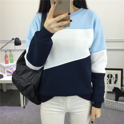 2016秋冬装拼接加绒女卫衣学生拼色宽松外套