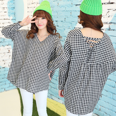 时尚格子系绑带孕妇装秋季韩国麻棉宽松衬衫衬衣辣妈上衣夏中长款